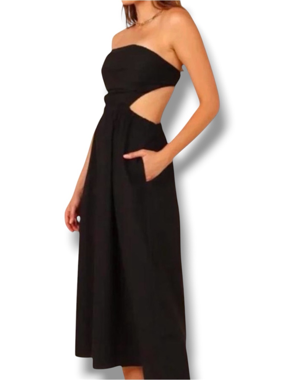 Petal & Pup EUC Pamela Black Minimalist Cutout Midi Dress, Size L, Pocketed - Picture 2 of 7